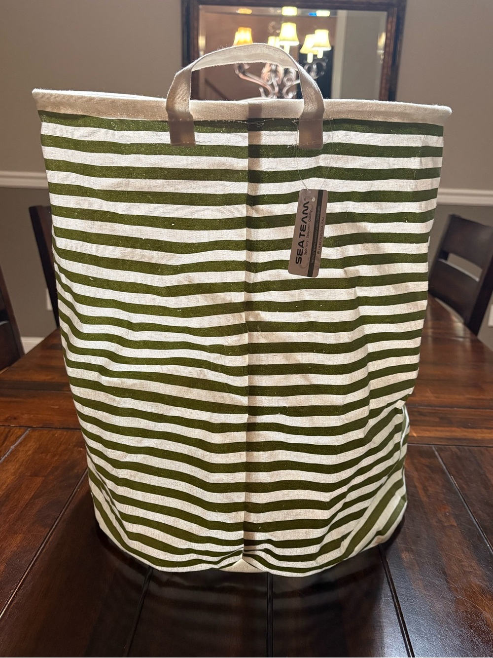 Green and white striped canvas tote laundry/storage collapsible bag with handles